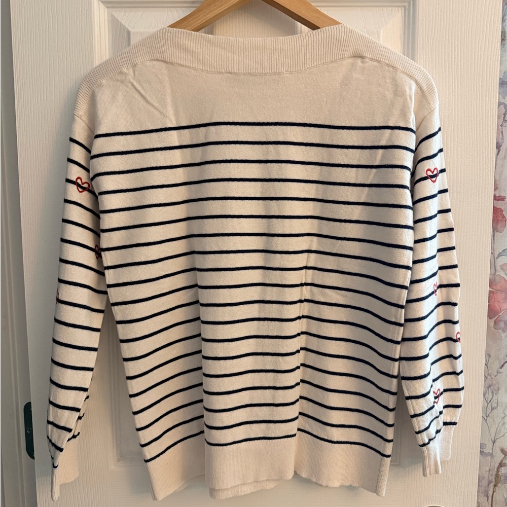 LOFT Cream and Navy Heart Stripe Sweater - Picture 4 of 5